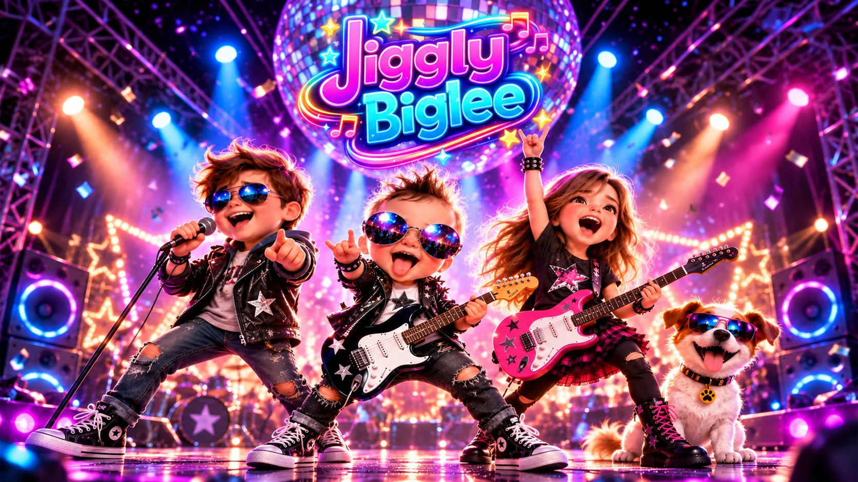 Three animated young rock stars and their cheerful dog performing under a colourful JigglyBiglee neon sign